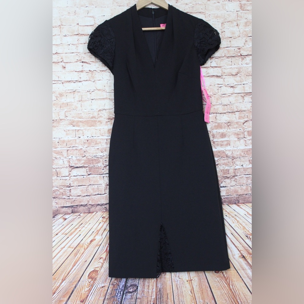 Betsey Johnson Black Midi Dress with Lace Sleeves